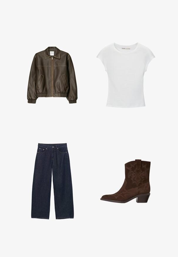 Braune Lederbomberjacke mit einem Reißverschluss vorne, spitzem Kragen, elastischen Bündchen und Saum sowie Seitentaschen. Sichtbare Kontrastnähte.; Weißes Baumwoll-T-Shirt mit kurzen, aufgerollten Ärmeln, rundem Ausschnitt und geradem Saum. Glatte Textur ohne sichtbare Muster oder Akzente.; Dunkelblaue Jeans mit weitem Bein, Vorderseiten-Taschen, Gürtelschlaufen und einem Knopfverschluss an der Taille.; Braune Wildleder-Cowboy-Stiefel mit spitzem Zeh, dekorativen Stickmustern, Knöchelhöhe und gestapeltem Absatz. Mit einer Zuglasche für einfaches An- und Ausziehen.