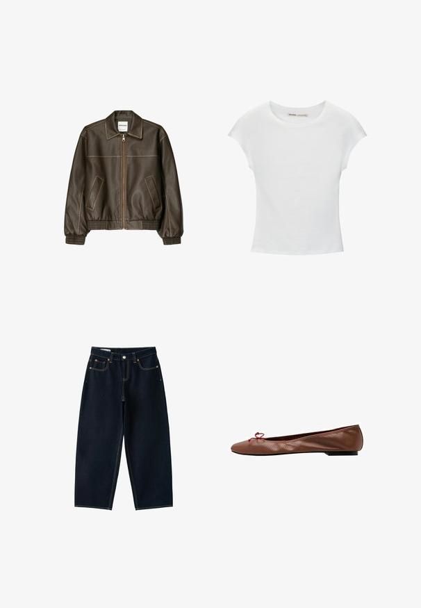 Veste bomber en cuir marron avec fermeture éclair à l'avant, col pointu, poignets et ourlet élastiqués, et poches latérales. Coutures contrastées visibles.; T-shirt en coton blanc avec manches courtes retroussées, encolure ronde et ourlet droit. Texture lisse sans motifs ni accents visibles.; Jean bleu foncé à jambes larges avec cinq poches, fermeture par bouton et coutures contrastées sur fond blanc.; Ballerine en cuir marron perforé avec un petit nœud rouge sur l'avant arrondi et un petit talon noir.