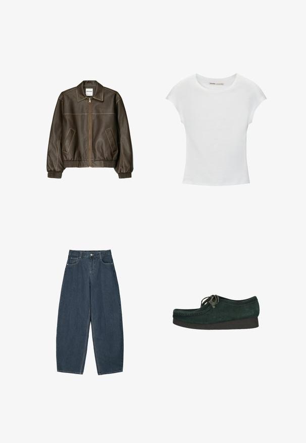 Braune Lederbomberjacke mit einem Reißverschluss vorne, spitzem Kragen, elastischen Bündchen und Saum sowie Seitentaschen. Sichtbare Kontrastnähte.; Weißes Baumwoll-T-Shirt mit kurzen, aufgerollten Ärmeln, rundem Ausschnitt und geradem Saum. Glatte Textur ohne sichtbare Muster oder Akzente.; Dunkelblaue Denim-Hosenträger mit weitem Bein und hoher Taille, ausgestattet mit fünf Taschen und sichtbaren Nähdetails. Sauberes, minimalistisches Design.; Grüner Wildlederschuh mit runder Zehenpartie und Schnürdesign. Verfügt über eine strukturierte schwarze Sohle und feine Nähte entlang der Kanten.