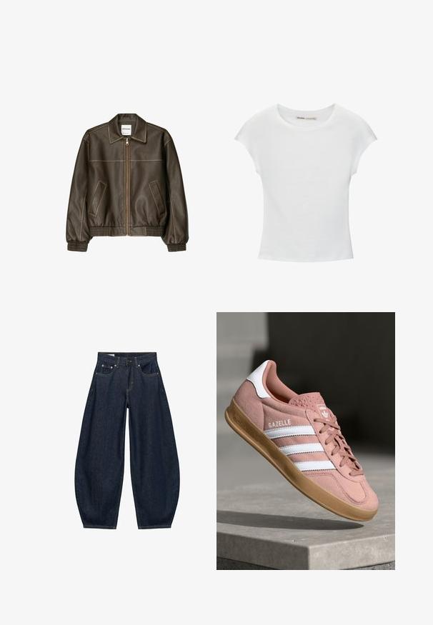 Hnedá kožená bomber bunda so zipsovým zapínaním vpredu, špicatej golierom, elastickými manžetami a spodným okrajom, a bočnými vreckami. Viditeľné kontrastné šitie.; Biele bavlnené tričko s krátkymi, stočenými rukávmi, okrúhlym výstrihom a rovnou lemovkou. Hladká textúra bez viditeľných vzorov alebo akcentov.; Tmavomodré široké rifľové nohavice s prednými vreckami, pútkami na opasok a zapínaním na gombík v páse.; Ružové semišové tenisky s bielymi pruhmi, gumovou podrážkou, textúrovaným vrchom a logom na jazykovej části. Klasický nízkoprofilový dizajn.