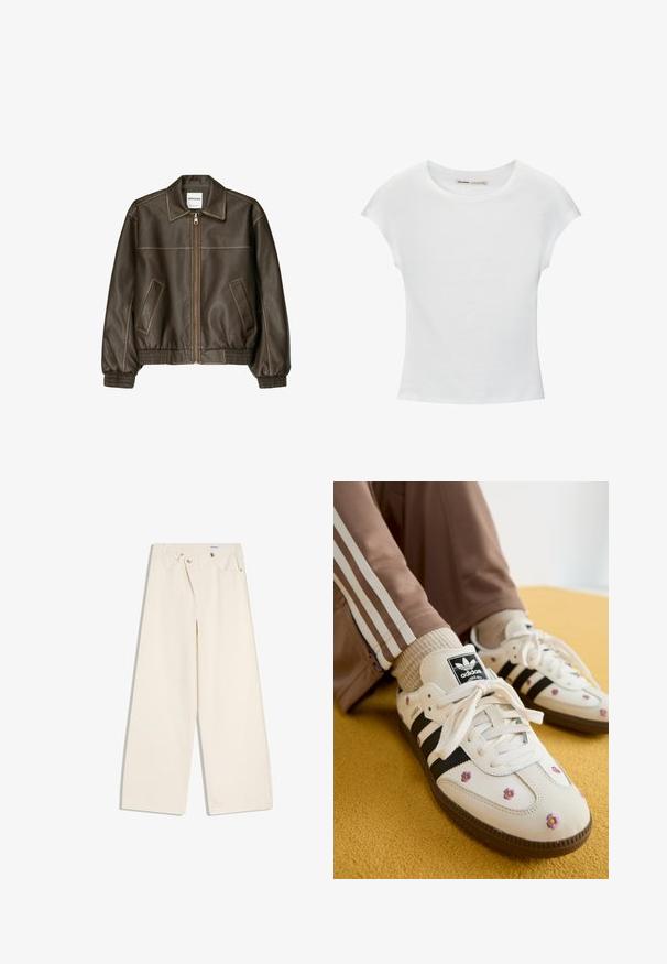 Veste bomber en cuir marron avec fermeture éclair à l'avant, col pointu, poignets et ourlet élastiqués, et poches latérales. Coutures contrastées visibles.; T-shirt en coton blanc avec manches courtes retroussées, encolure ronde et ourlet droit. Texture lisse sans motifs ni accents visibles.; Pantalon large couleur écru avec poches avant, passants pour ceinture, et boutons argentés sur la ceinture et les bords des poches.; Baskets en cuir blanc avec trois rayures noires et broderie florale en violet et jaune. Semelle en caoutchouc marron. Assorties à des chaussettes côtelées beiges.