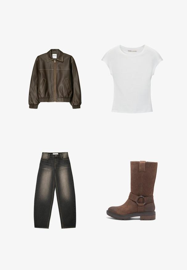 Braune Lederbomberjacke mit einem Reißverschluss vorne, spitzem Kragen, elastischen Bündchen und Saum sowie Seitentaschen. Sichtbare Kontrastnähte.; Weißes Baumwoll-T-Shirt mit kurzen, aufgerollten Ärmeln, rundem Ausschnitt und geradem Saum. Glatte Textur ohne sichtbare Muster oder Akzente.; Graue Denim-Jeans mit weitem Bein und leichter Ausbleichung, fünf Taschen, kontrastierenden Nähten und einer lockeren Passform. Keine sichtbaren Muster oder Verzierungen.; Braune Wildlederstiefel in hoher Form mit runder Zehenpartie, flachem Absatz und einem dekorativen Riemen, der mit einem runden Metallring-Akzent verziert ist.