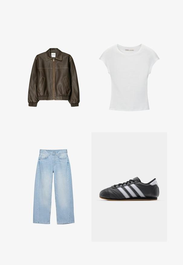 Veste bomber en cuir marron avec fermeture éclair à l'avant, col pointu, poignets et ourlet élastiqués, et poches latérales. Coutures contrastées visibles.; T-shirt en coton blanc avec manches courtes retroussées, encolure ronde et ourlet droit. Texture lisse sans motifs ni accents visibles.; Jean large bleu clair avec bouton à l'avant, fermeture éclair, cinq poches, et détails légèrement délavés sur les cuisses.; Baskets de sport en cuir noir avec des rayures blanches, bout rond, semelle plate et fermeture à lacets. Comprend des perforations pour la respirabilité.