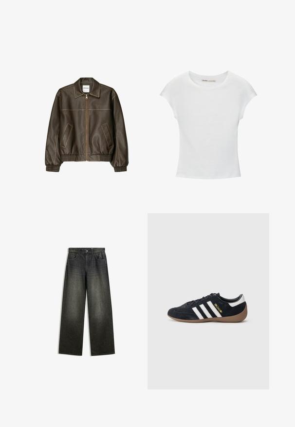 Braune Lederbomberjacke mit einem Reißverschluss vorne, spitzem Kragen, elastischen Bündchen und Saum sowie Seitentaschen. Sichtbare Kontrastnähte.; Weißes Baumwoll-T-Shirt mit kurzen, aufgerollten Ärmeln, rundem Ausschnitt und geradem Saum. Glatte Textur ohne sichtbare Muster oder Akzente.; Weite Jeans aus dunkelgrauem Denim mit einem verblassten Finish, Fünf-Taschen-Design und einem Knopfverschluss am Bund.; Schwarzer Veloursleder-Sneaker mit drei weißen Streifen, Gummisohle und einem kleinen goldenen Logo an der Seite. Verfügt über ein glattes schwarzes Innenfutter.