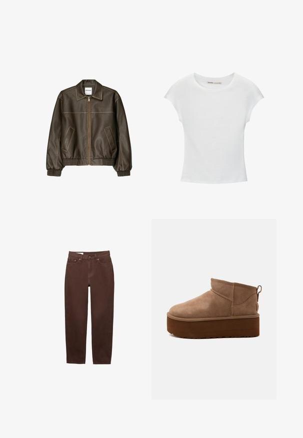 Veste bomber en cuir marron avec fermeture éclair à l'avant, col pointu, poignets et ourlet élastiqués, et poches latérales. Coutures contrastées visibles.; T-shirt en coton blanc avec manches courtes retroussées, encolure ronde et ourlet droit. Texture lisse sans motifs ni accents visibles.; Jean marron à jambe droite avec bouton frontal, fermeture éclair et design à cinq poches sur fond blanc.; Bottine marron en daim de hauteur moyenne, style slip-on, avec une semelle épaisse compensée et un onglet à l’arrière sur fond clair.