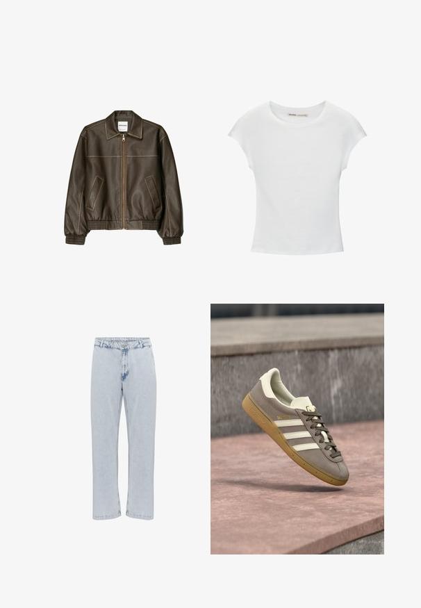 Braune Lederbomberjacke mit einem Reißverschluss vorne, spitzem Kragen, elastischen Bündchen und Saum sowie Seitentaschen. Sichtbare Kontrastnähte.; Weißes Baumwoll-T-Shirt mit kurzen, aufgerollten Ärmeln, rundem Ausschnitt und geradem Saum. Glatte Textur ohne sichtbare Muster oder Akzente.; Hellblaue Denim-Jeans mit geradem Bein, ausgestattet mit einem klassischen Knopf- und Reißverschluss und einer leicht abgetragenen Textur.; Hellbrauner Adidas-Sneaker aus Wildleder mit weißen Streifen und einer braunen Gummisohle, schwebt über rosa Steinstufen im Freien.