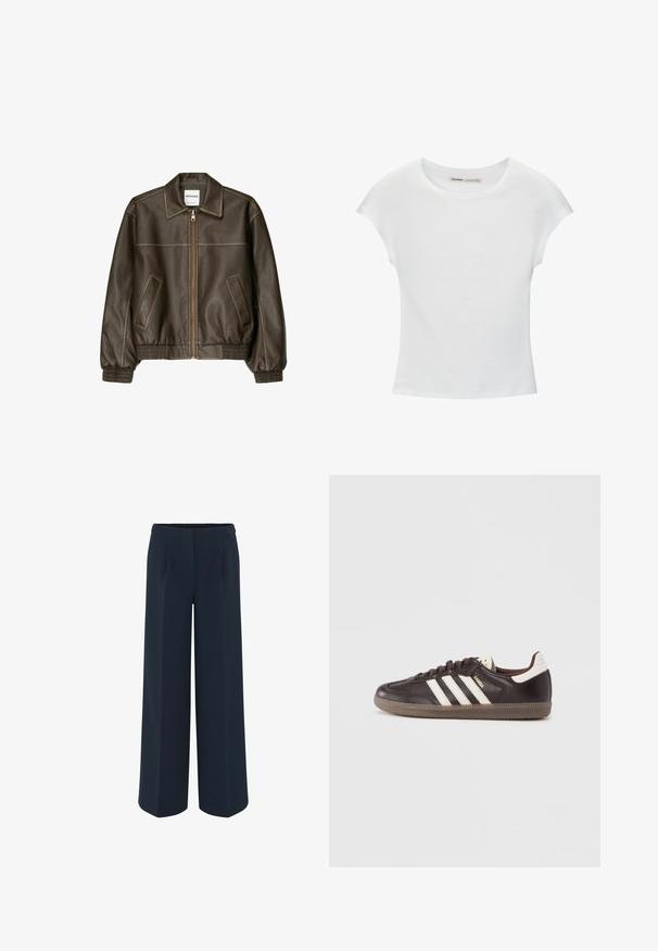 Braune Lederbomberjacke mit einem Reißverschluss vorne, spitzem Kragen, elastischen Bündchen und Saum sowie Seitentaschen. Sichtbare Kontrastnähte.; Weißes Baumwoll-T-Shirt mit kurzen, aufgerollten Ärmeln, rundem Ausschnitt und geradem Saum. Glatte Textur ohne sichtbare Muster oder Akzente.; Weite Hose in Dunkelblau, aus glattem Stoff, mit maßgeschneiderten Falten und hohem Taillendesign. Keine sichtbaren Taschen oder Verzierungen.; Dunkelbraune Ledersneaker mit weißem Drei-Streifen-Design, einer Gummisohle und dem Schriftzug "Samba" in goldener Schrift an der Seite. Klassische, niedrige Form.