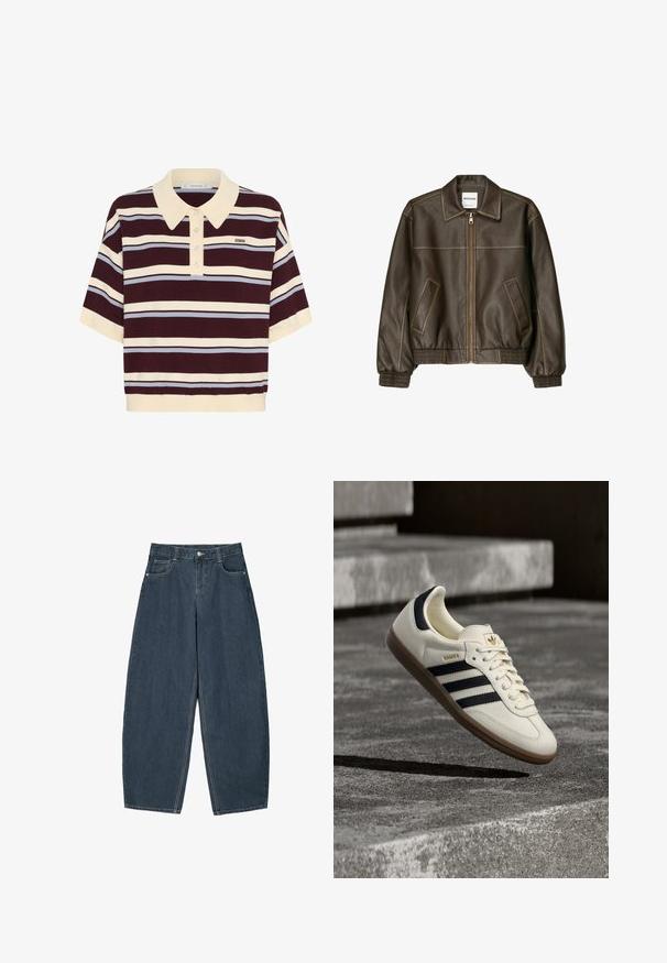 Veste bomber en cuir marron avec fermeture éclair à l'avant, col pointu, poignets et ourlet élastiqués, et poches latérales. Coutures contrastées visibles.; Polo shirt à manches courtes rayé bordeaux et crème avec des accents bleu clair, doté d'un col et d'une patte de boutonnage. Tissus en tricot doux.; Jeans en denim bleu foncé à jambes larges avec une taille haute, dotés de cinq poches et de détails de couture visibles. Design épuré et minimal.; Baskets blanches Adidas Samba avec des bandes noires et une semelle en gomme, flottant au-dessus de marches en béton gris texturé.
