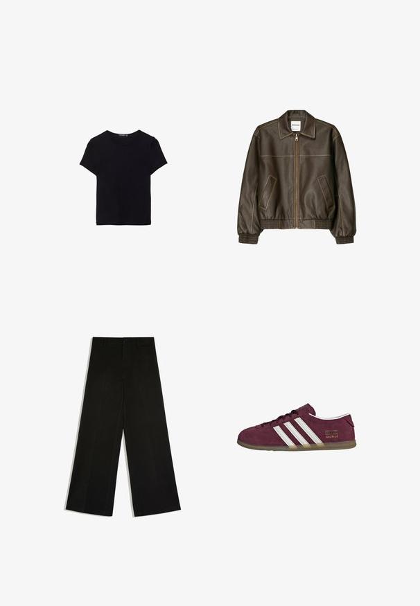 Veste bomber en cuir marron avec fermeture éclair à l'avant, col pointu, poignets et ourlet élastiqués, et poches latérales. Coutures contrastées visibles.; T-shirt en coton noir à manches courtes, col rond et design simple. Texture douce sans motifs ni accents visibles.; Pantalon noir à jambes larges avec passants de ceinture, fermeture devant par bouton et zip, posé à plat sur fond blanc.; Baskets en daim bordeaux avec accents rayés blancs, bout arrondi et semelle en caoutchouc gomme. Comprend une étiquette logo sur le côté extérieur.
