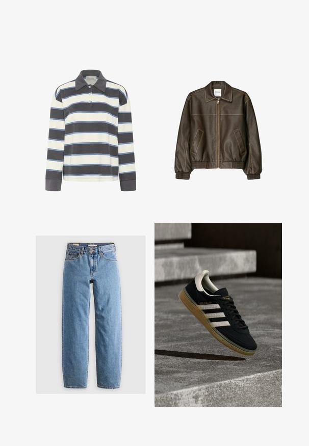 Bruine leren bomberjack met een ritssluiting aan de voorkant, puntige kraag, elastische manchetten en zoom, en zijzakken. Contrasterende stiksels zijn zichtbaar.; Poloshirt met lange mouwen in marineblauw en witte horizontale strepen met lichtblauwe accenten. Beschikt over een kraag en een knoopsluiting met drie knopen.; Lichtblauwe denim jeans met een recht model, vijf zakken, een ritsluiting en een subtiele vervaagde textuur. Klassieke stijl met minimale hardware.; Zwarte suède sneaker met witte strepen en goud logo, voorzien van een gestructureerde gum rubberen zool en een contrasterende crème hielkap.