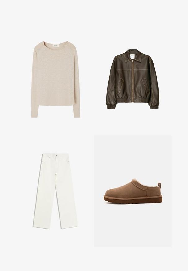 Braune Lederbomberjacke mit einem Reißverschluss vorne, spitzem Kragen, elastischen Bündchen und Saum sowie Seitentaschen. Sichtbare Kontrastnähte.; Beige Langarmshirt aus einem weichen, strukturierten Stoff. Mit rundem Halsausschnitt und Raglanärmeln. Abgerundeter Saum mit lockerer Passform.; Weiße Jeans mit hohem Bund und geradem Bein, mit Vordertaschen und Knopfverschluss auf weißem Hintergrund.; Brauner Wildleder-Hausschuh zum Hineinschlüpfen mit weichem Innenfutter und dicker profilierten Sohle, von der Seite auf neutralem Hintergrund gezeigt.
