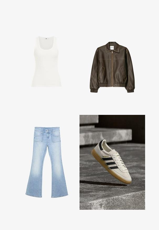 Veste bomber en cuir marron avec fermeture éclair à l'avant, col pointu, poignets et ourlet élastiqués, et poches latérales. Coutures contrastées visibles.; Débardeur blanc côtelé avec un décolleté ras du cou et des bretelles larges. Le tissu semble extensible et ajusté, adapté pour le superposition ou une tenue décontractée.; Jean flare taille haute bleu clair avec deux poches avant, fermeture à double bouton et légère décoloration subtile sur les cuisses et les genoux.; Baskets Adidas Spezial blanches avec des rayures noires et une semelle en gomme flottant au-dessus de marches en pierre grises à l'extérieur.