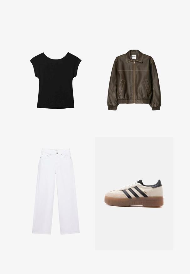 Veste bomber en cuir marron avec fermeture éclair à l'avant, col pointu, poignets et ourlet élastiqués, et poches latérales. Coutures contrastées visibles.; Haut noir à manches courtes avec un large col et une coupe ample. Fabriqué en tissu doux sans motifs ni embellissements visibles.; Jean blanc taille haute à jambes larges avec fermeture à boutons et zip, poches avant et arrière, et détails en rivets argentés.; Baskets blanches et beiges avec des rayures noires, un talon noir, une étiquette "Spezial" en or, et une semelle épaisse translucide marron.