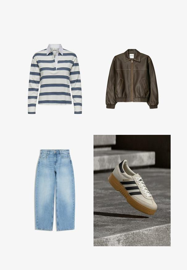Braune Lederbomberjacke mit einem Reißverschluss vorne, spitzem Kragen, elastischen Bündchen und Saum sowie Seitentaschen. Sichtbare Kontrastnähte.; Langarm-Poloshirt mit weißem Grund und horizontalen Streifen in Marineblau und Hellblau. Auffälliger weißer Kragen und weiche Baumwolltextur.; Hellblaue Jeans mit weitem Bein, Vordertaschen, Gürtelschlaufen und einem Knopfverschluss auf weißem Hintergrund.; Beige Wildleder-Sneaker mit schwarzen Streifen, weißen Schnürsenkeln und einer Gummisohle in Karamellfarbe. Mit "SPEZIAL" Schriftzug an der Seite.
