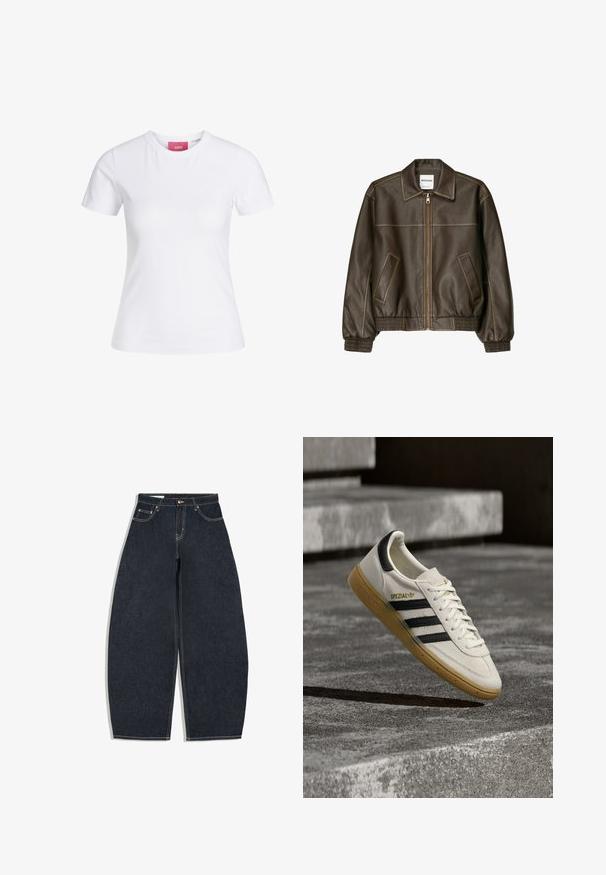 Brun læder bomberjakke med lynlåsfortil, spids krave, elastiske cuffe og kant, samt sidelommer. Kontrastsyninger synlige.; Hvid slimfit t-shirt med korte ærmer og rund halsudskæring med en lyserød JJXX-label indeni kraven, vist mod en ensfarvet baggrund.; Mørkeblå vidde jeans med høj talje, forreste knap, lynlås og fem-lomme design på hvid baggrund.; Hvid Adidas Spezial sneaker med sorte striber og gummisål, svævende over grå stentrin udendørs.