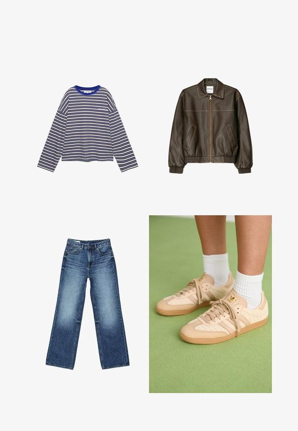 Veste bomber en cuir marron avec fermeture éclair à l'avant, col pointu, poignets et ourlet élastiqués, et poches latérales. Coutures contrastées visibles.; Chemise à manches longues avec des rayures horizontales en marron, blanc et bleu, dotée d'un col bleu et d'un petit texte sur la poitrine gauche.; Jean denim bleu à jambes larges avec poches avant et poche monnaie, fermeture à boutons, et lavage délavé sur les cuisses et les genoux.; Pieds portant des baskets Adidas tissées beiges avec des semelles en gomme et des chaussettes blanches à la cheville sur un sol vert texturé.