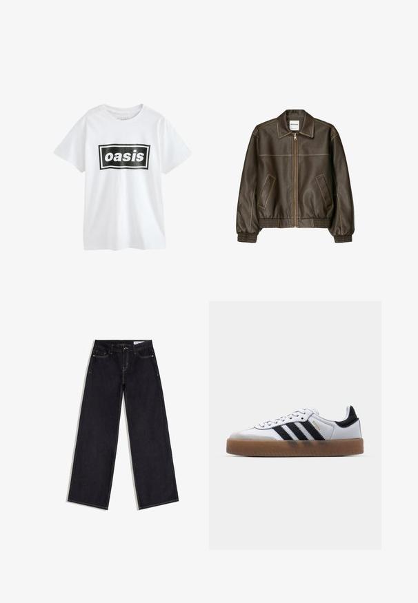 Veste bomber en cuir marron avec fermeture éclair à l'avant, col pointu, poignets et ourlet élastiqués, et poches latérales. Coutures contrastées visibles.; T-shirt blanc à manches courtes avec un encadré rectangulaire noir contenant le mot "oasis" en lettres blanches en gras centré sur le devant.; Jean bleu foncé à jambes larges avec poches avant, passants de ceinture et surpiqûres contrastantes, posé à plat sur un fond blanc.; Baskets en cuir blanc avec des rayures noires, semelle extérieure en caoutchouc beige, bout rond, fermeture lacée et embout en suède gris doux.