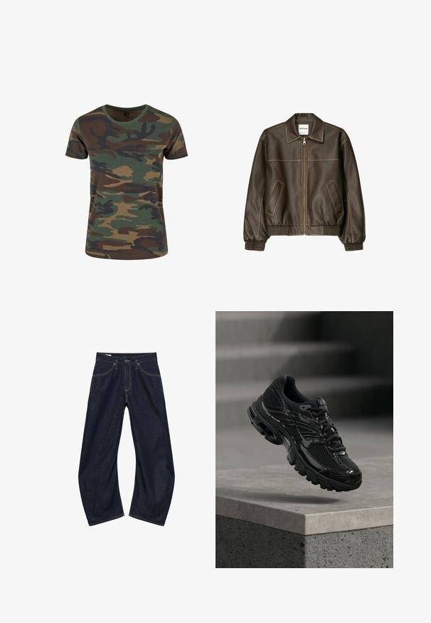 Hnedá kožená bomber bunda so zipsovým zapínaním vpredu, špicatej golierom, elastickými manžetami a spodným okrajom, a bočnými vreckami. Viditeľné kontrastné šitie.; Maskáčové tričko v zelenej, hnedej a čiernej farbe. Krátke rukávy, okrúhly výstrih, jemná textúra a klasický strih s vzorom organických tvarov.; Tmavomodré denimové rifle so širokými nohavicami, prednými vreckami, pútkami na opasok a zapínaním na gombík, zobrazené na bielom pozadí.; Čierna bežecká topánka Nike s sieťovinovou a syntetickou vrchnou časťou vznášajúca sa nad betónovým povrchom a schodíkmi v pozadí.