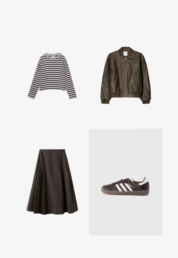 Veste bomber en cuir marron avec fermeture éclair à l'avant, col pointu, poignets et ourlet élastiqués, et poches latérales. Coutures contrastées visibles.; T-shirt à manches longues en tissu doux avec des rayures horizontales grises et blanches, col rond et coupe courte décontractée.; Jupe noire trapèze à taille haute avec ourlet évasé, fabriquée en tissu lisse, présentée sur fond blanc.; Baskets en cuir marron foncé avec un design à trois bandes blanches, une semelle en caoutchouc et l'inscription "Samba" en lettres dorées sur le côté. Forme classique basse.