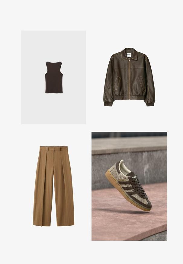 Veste bomber en cuir marron avec fermeture éclair à l'avant, col pointu, poignets et ourlet élastiqués, et poches latérales. Coutures contrastées visibles.; Débardeur sans manches brun foncé avec un col rond, posé à plat montrant le dos sur un fond clair uni.; Pantalon marron taille haute à jambes larges avec fines rayures, plis sur le devant, passants pour ceinture et fermeture éclair dissimulée sur le devant.; Baskets Adidas marron et beige avec motif serpent, semelle en gomme et texte « SPEZIAL » flottant au-dessus d'une surface en pierre en extérieur.