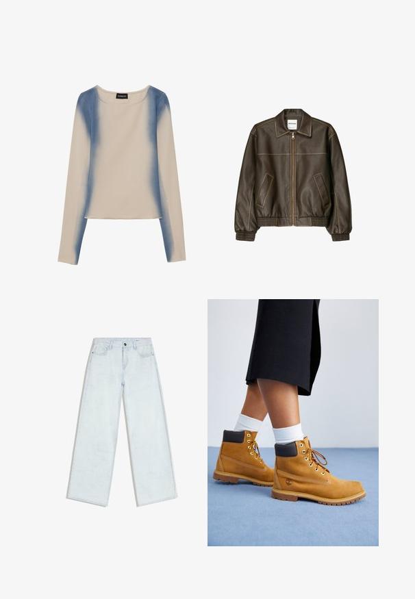 Brun læder bomberjakke med lynlåsfortil, spids krave, elastiske cuffe og kant, samt sidelommer. Kontrastsyninger synlige.; Langærmet top i lys beige med et gradient blå design. Glat tekstur med rund halsudskæring og lige kant.; Lyseblå vidde-jeans med forreste knap og lynlås, bæltestropper og fem-lomme design, lagt fladt på hvid baggrund.; Tan ruskindsankelstøvler med brune læderdetaljer, guldøjer og en struktureret sål. Hvide sokker synlige over støvlerne.