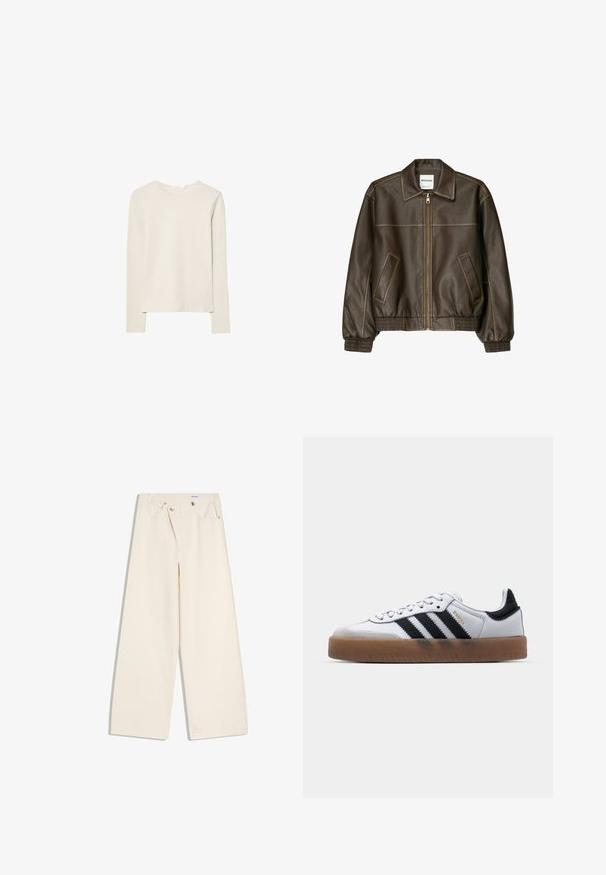Veste bomber en cuir marron avec fermeture éclair à l'avant, col pointu, poignets et ourlet élastiqués, et poches latérales. Coutures contrastées visibles.; Haut beige clair à manches longues en tissu doux, avec un col rond et une coupe décontractée, un ourlet droit et un minimum de détails de couture.; Pantalon large couleur écru avec poches avant, passants pour ceinture, et boutons argentés sur la ceinture et les bords des poches.; Baskets en cuir blanc avec des rayures noires, semelle extérieure en caoutchouc beige, bout rond, fermeture lacée et embout en suède gris doux.