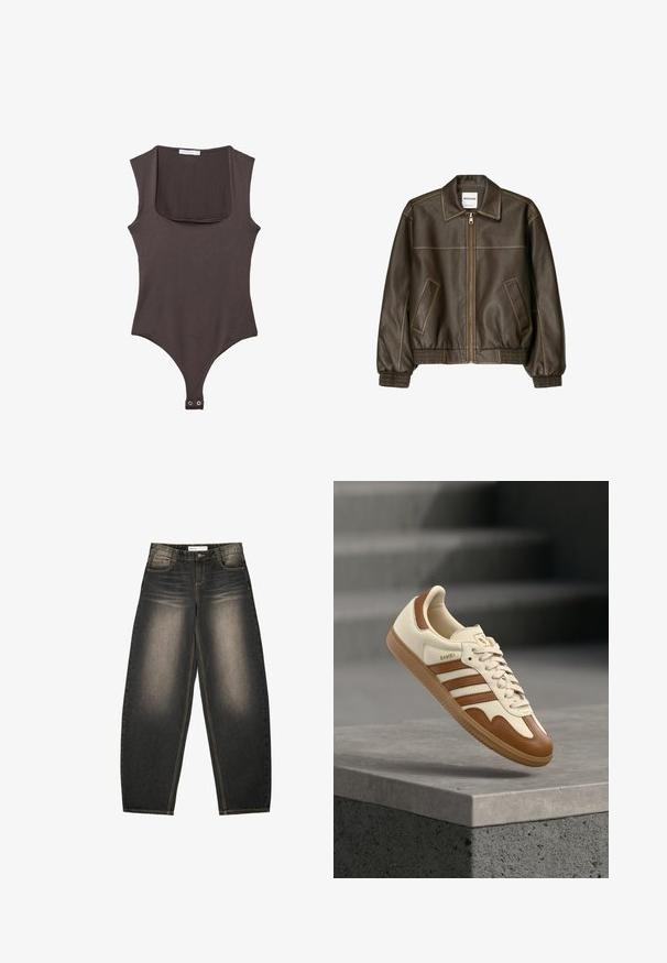 Veste bomber en cuir marron avec fermeture éclair à l'avant, col pointu, poignets et ourlet élastiqués, et poches latérales. Coutures contrastées visibles.; Bodysuit sans manches marron avec un col carré, fabriqué en tissu doux. Comprend une fermeture à pression en bas et une silhouette ajustée.; Jeans en denim gris à jambes larges avec un léger délavage, cinq poches, des coutures en contraste et une coupe décontractée. Pas de motifs ou d'embellissements visibles.; Baskets classiques avec une tige en cuir crème, des accents marron, trois bandes et une semelle en caoutchouc texturée. Elles présentent un bout arrondi et une fermeture à lacets.