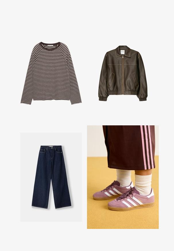Veste bomber en cuir marron avec fermeture éclair à l'avant, col pointu, poignets et ourlet élastiqués, et poches latérales. Coutures contrastées visibles.; T-shirt à manches longues avec des rayures horizontales marron et blanches, doté d'un col rond et d'une coupe décontractée. Confectionné dans un tissu doux et léger.; Jean en denim bleu foncé à jambes larges avec fermeture avant par bouton et zip, poches avant et passants pour ceinture, posé à plat sur un fond blanc.; Baskets en suède violette avec des rayures blanches, semelle en caoutchouc et accents texturés, accompagnées de chaussettes blanches côtelées et d'un pantalon de survêtement marron avec des rayures roses.