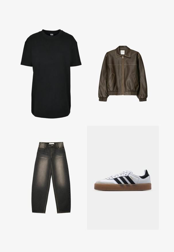 Veste bomber en cuir marron avec fermeture éclair à l'avant, col pointu, poignets et ourlet élastiqués, et poches latérales. Coutures contrastées visibles.; T-shirt noir à manches courtes avec col rond en taille XS, avec étiquette "Urban Classics" à l'intérieur du col.; Jeans en denim gris à jambes larges avec un léger délavage, cinq poches, des coutures en contraste et une coupe décontractée. Pas de motifs ou d'embellissements visibles.; Baskets en cuir blanc avec des rayures noires, semelle extérieure en caoutchouc beige, bout rond, fermeture lacée et embout en suède gris doux.