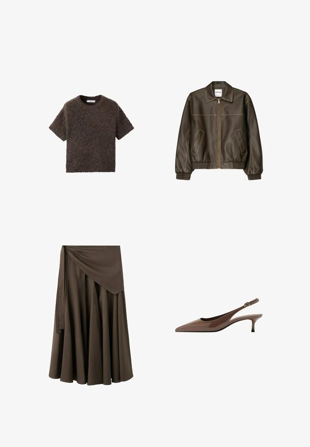 Veste bomber en cuir marron avec fermeture éclair à l'avant, col pointu, poignets et ourlet élastiqués, et poches latérales. Coutures contrastées visibles.; T-shirt à manches courtes, col ras du cou, en matériau moelleux et texturé. Couleur marron foncé avec des variations subtiles. Design simple et droit.; Jupe midi portefeuille marron avec une large ceinture et une longue bande à nouer, présentant de doux plis pour une silhouette fluide.; Escarpin bride arrière en cuir verni marron avec bout pointu, fine bride à boucle et petit talon haut.