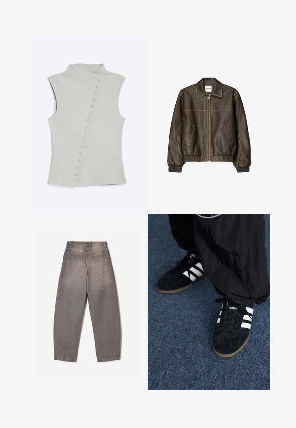 Veste marron en simili cuir avec fermeture éclair devant, deux poches inclinées, poignets et taille côtelés, présentée sur fond blanc.; Haut en maille côtelée sans manches gris clair avec un col haut et une fermeture diagonale à boutons sur le devant côté droit.; Jean en denim gris vu de dos avec deux poches arrière, passants de ceinture et une coupe légèrement fuselée.; Des chaussures de sport en suède noir avec trois rayures blanches et des lacets noirs. Un pantalon noir texturé est partiellement visible à côté des chaussures.