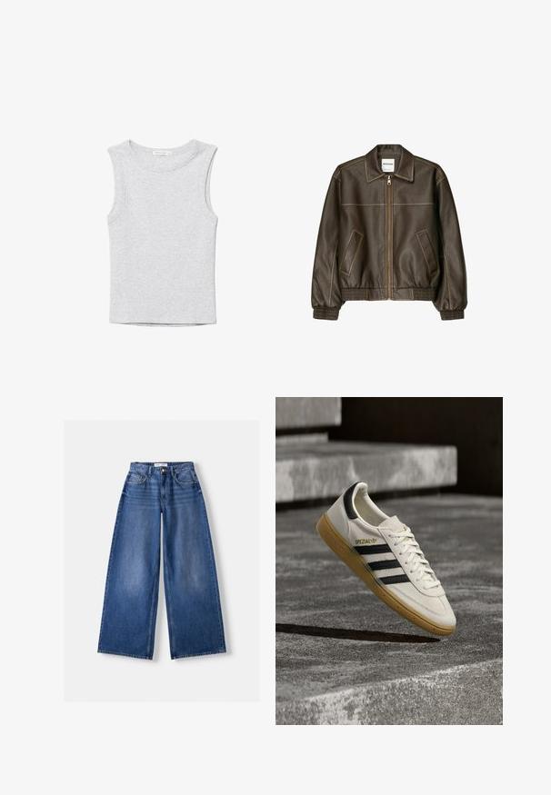 Veste bomber en cuir marron avec fermeture éclair à l'avant, col pointu, poignets et ourlet élastiqués, et poches latérales. Coutures contrastées visibles.; Débardeur court gris clair sans manches avec encolure ronde, en tissu tricoté doux.; Jeans en denim bleu à jambes larges avec poches avant, passants de ceinture et fermeture par bouton, posés à plat sur un fond clair.; Baskets Adidas Spezial blanches avec des rayures noires et une semelle en gomme flottant au-dessus de marches en pierre grises à l'extérieur.