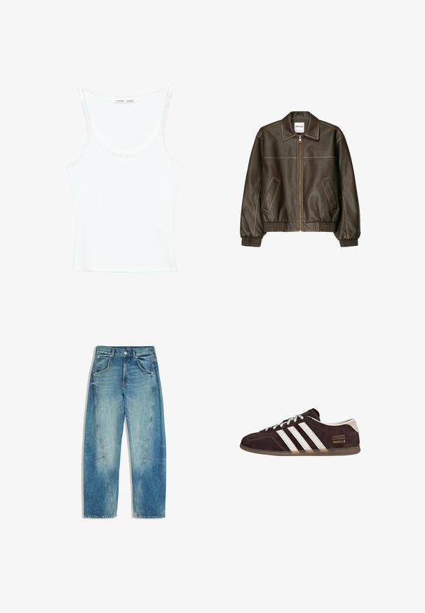 Veste marron en simili cuir avec fermeture éclair devant, deux poches inclinées, poignets et taille côtelés, présentée sur fond blanc.; Débardeur blanc sans manches avec bordure en dentelle autour du cou et des emmanchures, étiquette Pull&Bear, fabriqué au Bangladesh.; Jean en denim bleu avec une coupe décontractée, panneaux avant décolorés, fermeture à boutons sur le devant et design cinq poches, posé à plat sur un fond blanc.; Baskets en suède marron avec trois bandes blanches, semelle en caoutchouc, et étiquette avec le texte "Gazelle" en or. Fermeture à lacets avec lacets gris.