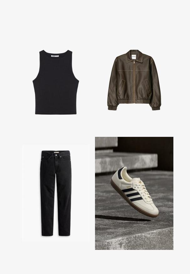 Veste bomber en cuir marron avec fermeture éclair à l'avant, col pointu, poignets et ourlet élastiqués, et poches latérales. Coutures contrastées visibles.; Débardeur court noir sans manches avec encolure ronde, ourlet droit et petite étiquette de marque à l'intérieur du col.; Jeans noirs à jambe droite avec fermeture à bouton et à zip, passants de ceinture et poches avant et arrière, présentés à plat sur un fond blanc.; Baskets blanches Adidas Samba avec des bandes noires et une semelle en gomme, flottant au-dessus de marches en béton gris texturé.