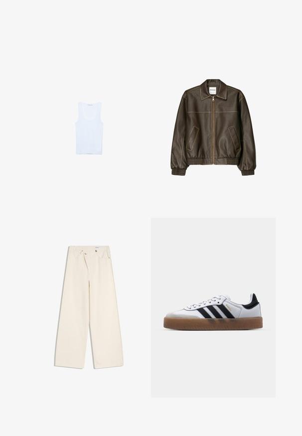 Veste bomber en cuir marron avec fermeture éclair à l'avant, col pointu, poignets et ourlet élastiqués, et poches latérales. Coutures contrastées visibles.; Débardeur en coton blanc, avec un col rond et des bretelles larges. Texture lisse, design sans manches et silhouette ajustée.; Pantalon large couleur écru avec poches avant, passants pour ceinture, et boutons argentés sur la ceinture et les bords des poches.; Baskets en cuir blanc avec des rayures noires, semelle extérieure en caoutchouc beige, bout rond, fermeture lacée et embout en suède gris doux.