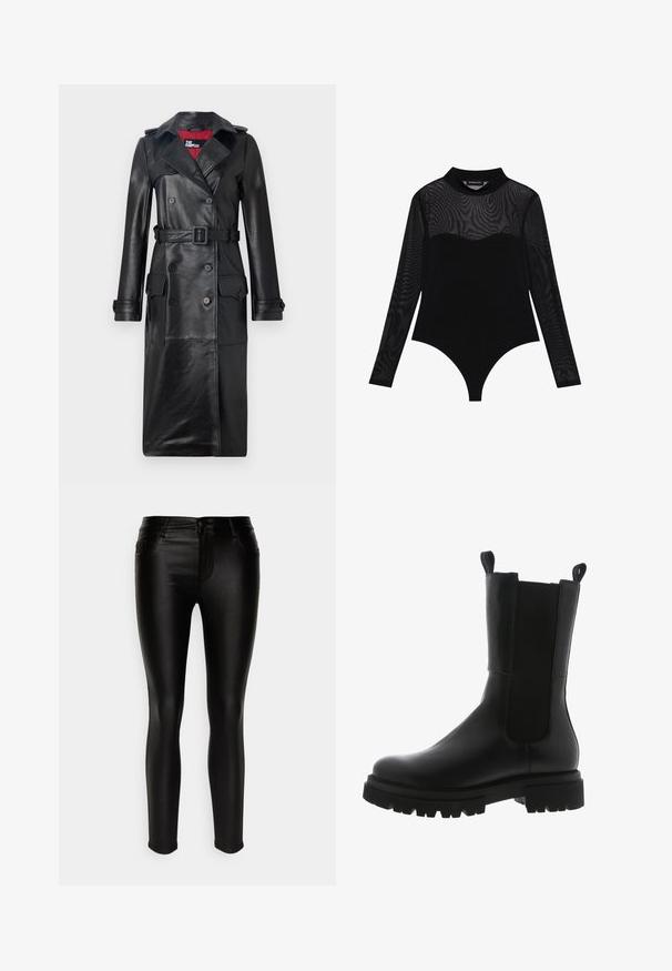 The Kooples Trenchcoat - black; Even&Odd Langærmet T-shirt - black; ONLY Petite ONLHELLA COATED - Jeans Skinny Fit - black; Sorte læder ankelstøvler med et slankt design, elastiske sidepaneler, grebsløkker og en kraftig gummisål med et takkede mønster.