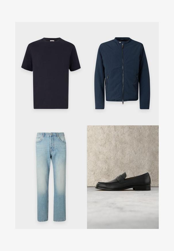 Marineblauwe lichtgewicht jas met een hoge kraag, rits aan de voorkant en twee zijzakken. Heeft een gestructureerde stof voor een casual look.; Navy blauwe katoenen T-shirt met een ronde hals, korte mouwen en een relaxte pasvorm; gladde textuur; geen zichtbare patronen of hardware.; Lichtblauwe jeans van denim, met een rechte pijpdesign, vijf zakken en een vervaagde was-effect op de dijen.; Zwarte leren loafer zweeft boven een beige tapijt met op de achtergrond een glanzende, ronde, bruine tafel.
