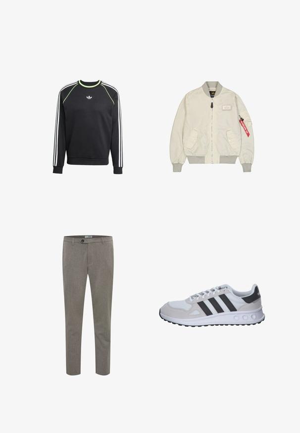 Beige bomberjakke med ribbet kant og manchetter, lynlås lukning, to forlommer og en ærmelomme med en rød mærkedetalje. Glat stoffinish.; Sort sweatshirt med hvidt tre-stribesdesign på ærmerne og limegrønne detaljer. Har rund halsudskæring og et lille logo på brystet.; Grå bukser lavet af tekstureret stof, med knaplukning, bæltestropper og en slim fit-design. Ingen mønstre eller accenter synlige.; Grå og hvid atletiksko med en mesh-overdel, suedebeslag, tre sorte striber og en tekstureret gummisål med runde udskæringer.