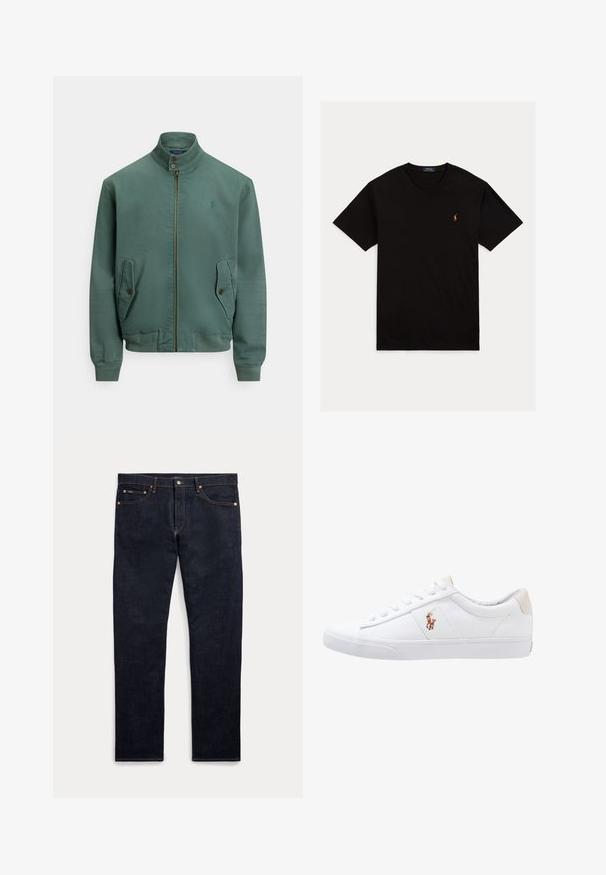 Chaqueta bomber de algodón verde con cuello alto, cremallera frontal, dos bolsillos laterales y puños acanalados. Presenta un pequeño logo en el pecho.; Camiseta negra de manga corta con cuello redondo y pequeño logo multicolor de Polo Ralph Lauren en el pecho izquierdo.; Vaqueros de mezclilla azul oscuro con cinco bolsillos, cierre de botón y cremallera, y costuras doradas visibles, mostrados planos sobre un fondo claro.; Zapatilla de lona blanca con diseño de corte bajo, que cuenta con un taco trasero beige y un pequeño logo bordado en el costado. Suela de goma.