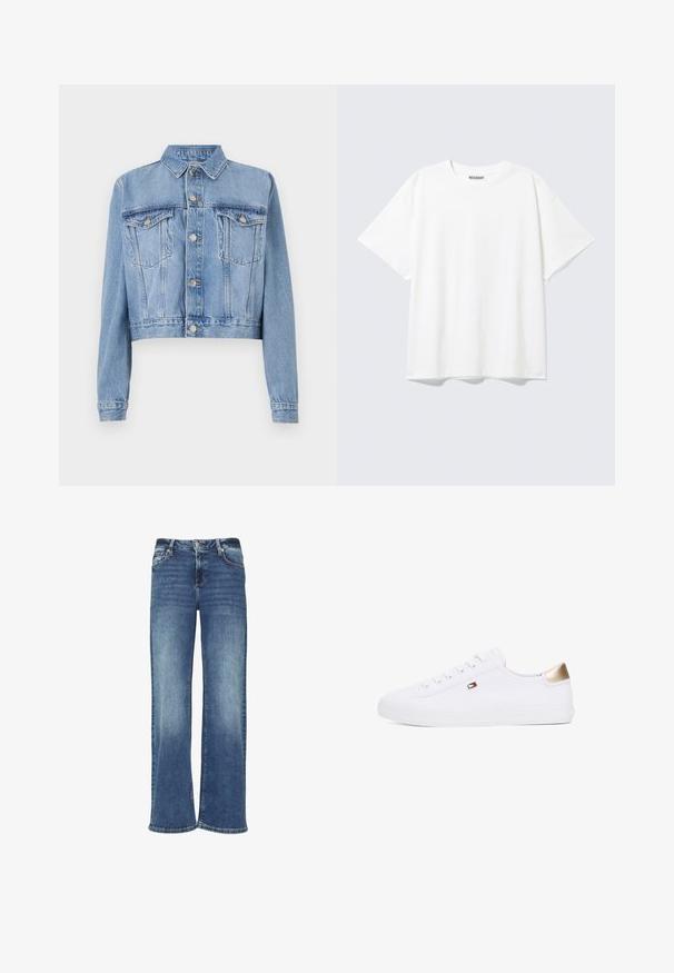Helle blaue, kurz geschnittene Jeansjacke mit durchgehender Knopfleiste, zwei Brusttaschen und Kragen. Verfügt über eine verblasste Textur und sichtbare Nähte.; Weißes T-Shirt mit kurzen Ärmeln, Rundhalsausschnitt und entspanntem Schnitt mit einem "WEEKDAY" Etikett an der Innenseite des hinteren Halsbereichs.; Weite blaue Denim-Jeans mit einem verblassten Waschung, Knopfverschluss und Fünf-Taschen-Design. Merkmale sind gerade und lockere Passform.; Weiße Leinenschuhe mit runder Spitze, Schnürung vorne und einem goldenen Akzent an der Ferse. Besitzt ein kleines Emblem an der Seite.