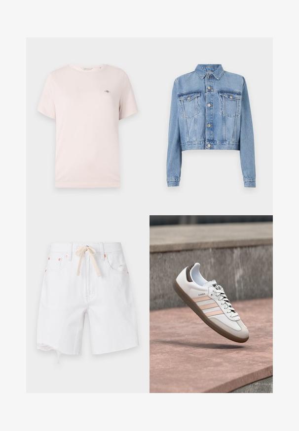 Veste en denim bleu clair coupée avec un devant à boutons, deux poches poitrine et un col. Présente une texture délavée et des détails de couture visibles.; T-shirt en coton rose clair avec col rond, manches courtes et petit logo sur la poitrine. Texture lisse, design décontracté.; Shorts en denim blanc avec ourlet brut, en matière mélangée coton, et cordon de serrage beige. Comprend des accessoires couleur cuivre et des poches latérales.; Baskets Adidas Samba blanches et beiges avec semelle en gomme flottant au-dessus d'une surface en pierre rosée et d'un fond en pierre grise.