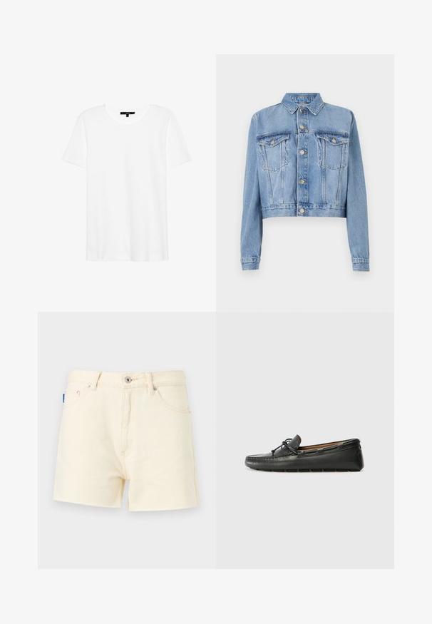 Lichtblauwe denim cropped jack met een knoopsluiting aan de voorkant, twee borstzakken en een kraag. Heeft een vervaagde textuur en zichtbare stiksel details.; Witte t-shirt met korte mouwen en een ronde hals. Gemaakt van zachte stof, heeft het een relaxte pasvorm en een eenvoudig ontwerp zonder patronen of accenten.; Crème denim shorts met een rechte snit, voorzien van een sluiting met een knoop aan de voorzijde en een vijf-pocket ontwerp. Gestructureerde stof met stikdetails.; Zwarte leren bootshoe met een ronde neus, gestikte details, een kleine strikaccent en een rubberen zool. Soepele textuur en gestroomlijnd ontwerp.