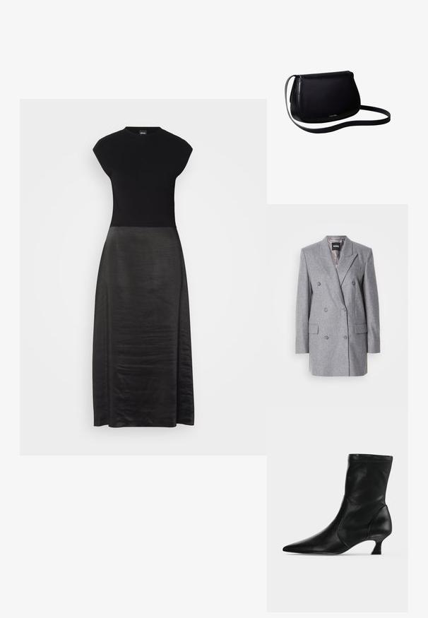 Blazer gris de doble botonadura con una tela texturizada, solapas con muesca, dos bolsillos delanteros y tres botones grises. El forro interior es de color gris claro.; Vestido negro con un cuerpo ajustado y una falda fluida y sedosa. Mangas cortas, escote redondo, textura suave y diseño hasta los tobillos.; Bota negra de cuero hasta media pantorrilla con puntera puntiaguda y tacón bajo tipo kitten, vista de lado sobre un fondo claro y liso.; Bolso de hombro de piel negra con forma curva y asa delgada, pequeño logo dorado de Calvin Klein centrado cerca de la base.