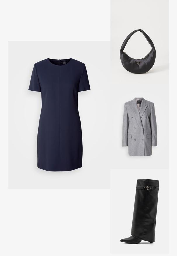 Grå dobbeltbrystet blazer med en tekstureret stof, skrå lapels, to frontlommer og tre grå knapper. Indvendig foring er lys grå.; Kortærmet navy kjole lavet af glat stof, med rund halsudskæring og lynlås bagpå, samt en simpel, skræddersyet silhuet.; Even&Odd Højhælede støvler - black; Sort satin håndtaske med en buet form, der har en lynlåslukning og et trekantet logo i metal på forsiden. Glat tekstur og slankt design.