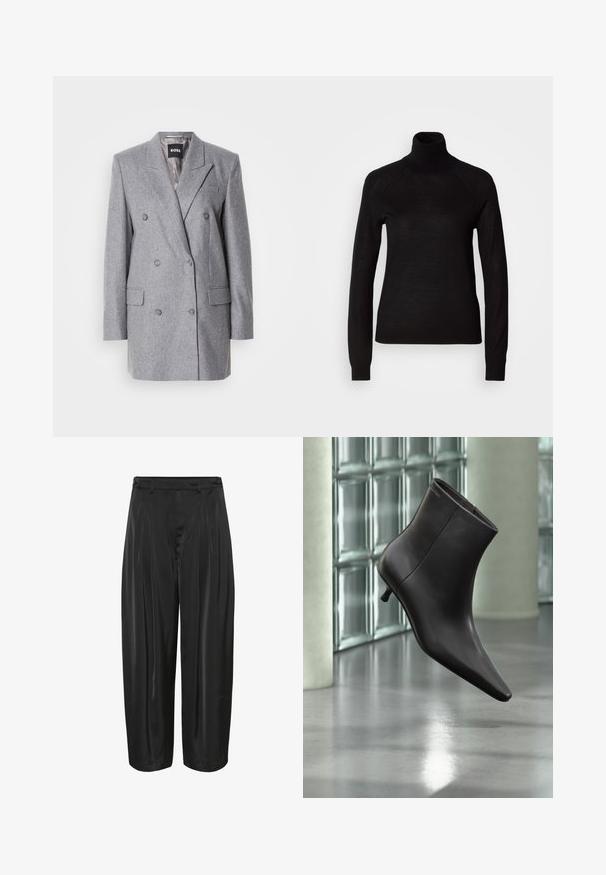 Grå dobbeltbrystet blazer med en tekstureret stof, skrå lapels, to frontlommer og tre grå knapper. Indvendig foring er lys grå.; Sort turtleneck sweater lavet af et let strikket stof. Har lange ærmer og en tætsiddende silhuet med raglan-sømme.; Sorte vide bukser med frontfolder, bæltestropper og knapjustering i siden, lavet af shiny stof.; Sort læderankelstøvle med spids tå og lille hæl vist mod en væg af glasblokke og poleret gulv baggrund.