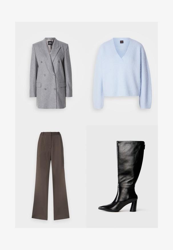 Blazer gris de doble botonadura con una tela texturizada, solapas con muesca, dos bolsillos delanteros y tres botones grises. El forro interior es de color gris claro.; Suéter de punto azul claro, recortado, con escote en V y mangas largas, que presenta una textura suave y un detalle de costura minimalista.; Pantalones de pierna ancha en una tela marrón sólida, con una textura suave, lazos para cinturón, pliegue frontal y sin bolsillos visibles.; Bota de cuero negro hasta la rodilla con punta afilada, textura suave y un tacón grueso. Presenta un detalle de cremallera en la parte de atrás.