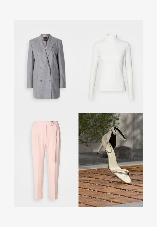 Blazer gris de doble botonadura con una tela texturizada, solapas con muesca, dos bolsillos delanteros y tres botones grises. El forro interior es de color gris claro.; Top de cuello alto blanco con canalé y mangas largas, fabricado en una tela elástica. Presenta un diseño ajustado y un escote alto para mayor cobertura.; Pantalones de color rosa claro con un ajuste holgado, que presentan un cinturón con una hebilla de plata, con frente plano y pliegue planchado para un detalle adicional.; Sandalia de tacón alto beige con correa en el tobillo, sobre listones de madera al aire libre, con fondo desenfocado de vegetación y concreto.