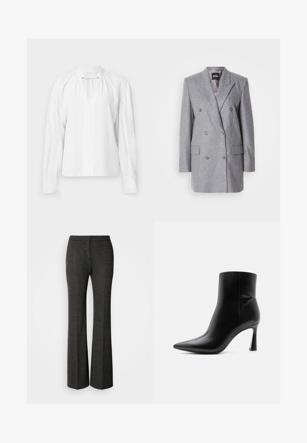 Grijs dubbelgebreid colbert van een textuurstof, met gepunte revers, twee voorzakken en drie grijze knopen. De binnenvoering is lichtgrijs.; Witte blouse met lange mouwen en een V-hals, met geplooide details bij de halslijn en een gladde, lichte stof. Eenvoudig en minimalistisch ontwerp.; Grijze flared broek gemaakt van textuurstof. Kenmerkt zich door een vlakke voorkant, een tailor-made silhouet en een subtiel visgraatpatroon overal.; Zwarte leren enkellaars met puntige neus en smalle, hoge naaldhak, getoond in zijaanzicht op een witte achtergrond.
