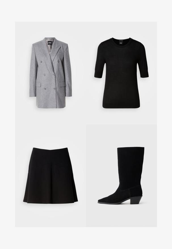 Grå dobbeltbrystet blazer med en tekstureret stof, skrå lapels, to frontlommer og tre grå knapper. Indvendig foring er lys grå.; Sort T-shirt med korte ærmer lavet af fin merinould. Rund halsudskæring, slim fit, glat tekstur, minimalt design, ingen synlige mønstre eller accenter.; Sort flagrende nederdel lavet af blødt stof, med en tætsiddende talje og sømdetaljer. Glat tekstur med et enkelt, klassisk design.; Sort ruskind ankelstøvle med spidse tæer, mellemhøj skaft og en chunky hæl. Fuldender et minimalistisk design med lidt syninger og en glat tekstur.