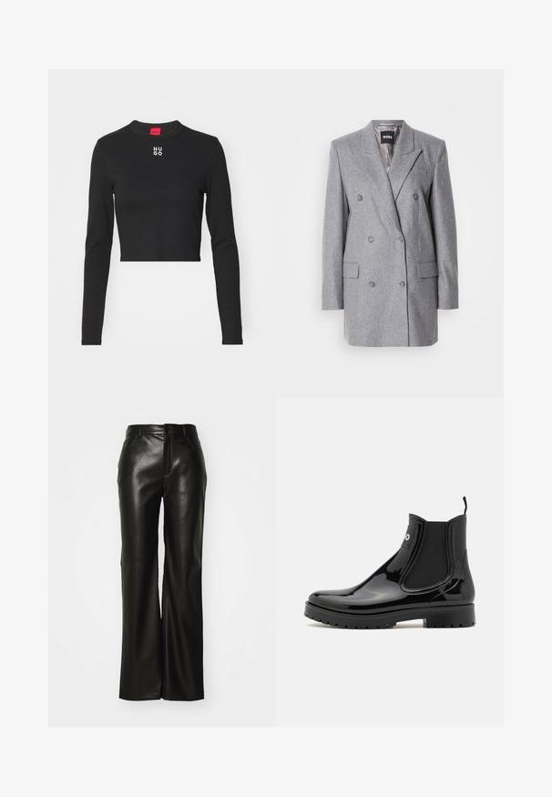 Grå dobbeltbrystet blazer med en tekstureret stof, skrå lapels, to frontlommer og tre grå knapper. Indvendig foring er lys grå.; Sort langærmet cropped top lavet af glat stof, med rund hals og hvid "HUGO" logo på brystet.; Sorte bukser i bredt snit af imiteret læder med en glat tekstur, lynlås foran og bæltestropper; minimalistisk design uden synlige mønstre eller detaljer.; HUGO TABITA - Gummistøvler - black